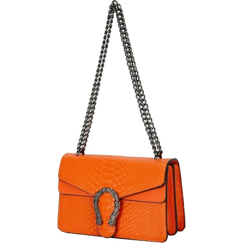 ⚡ Women's Orange Leather Vintage Snake Print Crossbody Square Satchel Handbag